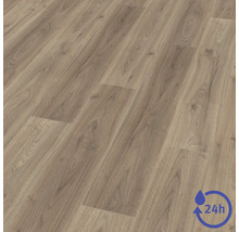 Laminatboden in Holzoptik mit natürlicher Maserung und Astlöchern sowie Symbol für 24 Stunden Wasserschutz