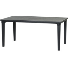 Rechteckiger Gartentisch aus schwarzem Kunststoff mit vier Beinen.