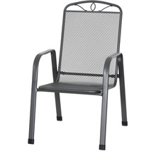 Stapelbarer Gartenstuhl aus Metall mit Sitzfläche und Rückenlehne aus Gittergeflecht, dekorativer Bogen am Kopfteil.