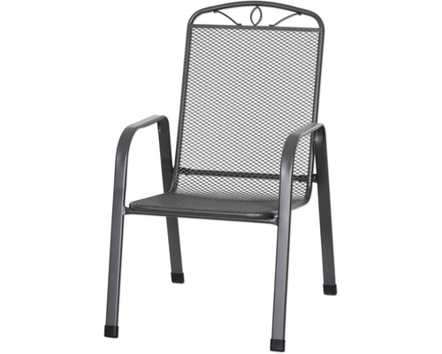 Stapelbarer Gartenstuhl aus Metall mit Sitzfläche und Rückenlehne aus Gittergeflecht, dekorativer Bogen am Kopfteil.