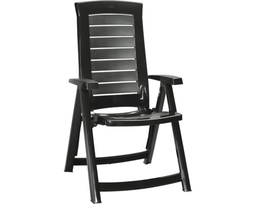 Schwarzer, klappbarer Gartenstuhl aus Kunststoff mit hoher Rückenlehne und Armlehnen von Jardin.