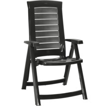 Schwarzer Garten-Klappsessel aus Kunststoff mit hoher Rückenlehne in Lattenoptik und Armlehnen.