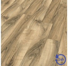 Laminatboden in Eichenoptik mit natürlicher Maserung und Symbol für 24 Stunden Wasserresistenz.