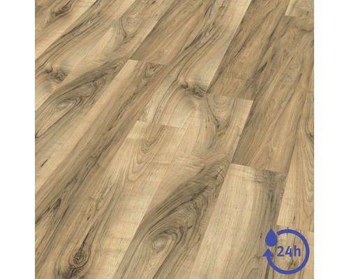 Laminatboden in Eichenoptik mit natürlicher Maserung und Symbol für 24 Stunden Wasserresistenz.