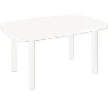 Rechteckiger Gartentisch aus Kunststoff mit abgerundeten Ecken und vier Beinen.