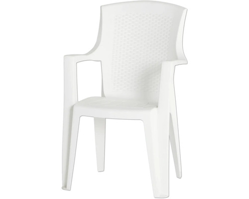 Stapelbarer Gartenstuhl aus Kunststoff mit Armlehnen und Rückenlehne mit Flechtmuster.