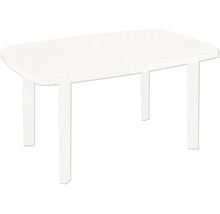 Rechteckiger Gartentisch aus Kunststoff in Weiß mit vier Beinen.