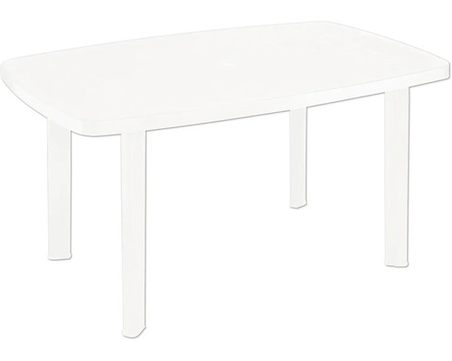 Rechteckiger Gartentisch aus Kunststoff in Weiß mit vier Beinen.