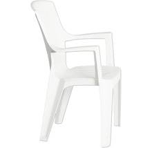 Weißer Gartenstuhl aus Kunststoff mit Armlehnen, Stapelstuhl.