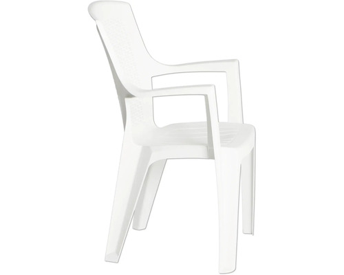 Weißer Gartenstuhl aus Kunststoff mit Armlehnen, Stapelstuhl.