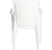 Weißer Gartenstuhl aus Kunststoff mit Armlehnen und Rückenlehne in Flechtoptik, Rückansicht.