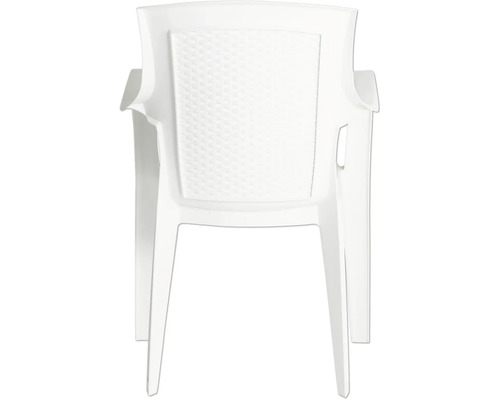 Weißer Gartenstuhl aus Kunststoff mit Armlehnen und Rückenlehne in Flechtoptik, Rückansicht.