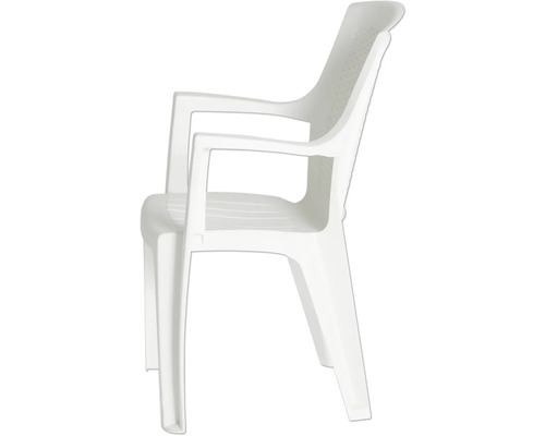 Gartenstuhl aus Kunststoff mit Armlehnen, Weiß.