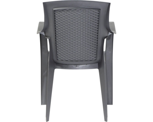 Grauer Gartenstuhl aus Kunststoff mit Armlehnen und Rückenlehne in Flechtoptik in der Rückansicht.