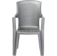 Gartenstuhl aus Kunststoff in Grau mit Rückenlehne in Flechtoptik und Armlehnen.