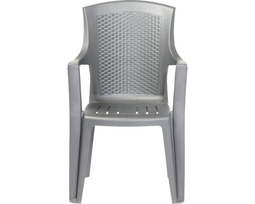Gartenstuhl aus Kunststoff in Grau mit Rückenlehne in Flechtoptik und Armlehnen.