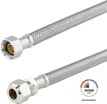Flexibler Anschlussschlauch aus Edelstahlgeflecht mit Überwurfmutter und Quetschverschraubung, DVGW-zertifiziert.