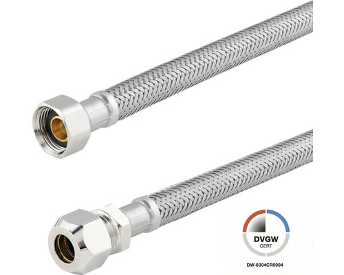 Flexibler Anschlussschlauch aus Edelstahlgeflecht mit Überwurfmutter und Quetschverschraubung, DVGW-zertifiziert.