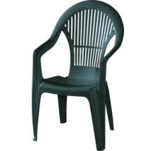 Dunkelgrüner Stapelstuhl aus Kunststoff mit Armlehnen und hoher Rückenlehne für den Garten.