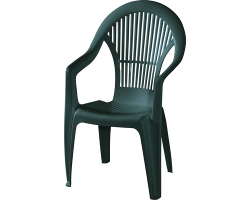 Dunkelgrüner Stapelstuhl aus Kunststoff mit Armlehnen und hoher Rückenlehne für den Garten.