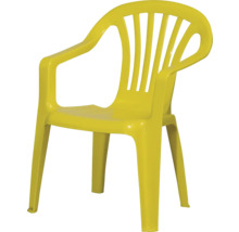 Gelber Gartenstuhl für Kinder aus Kunststoff mit Armlehnen.