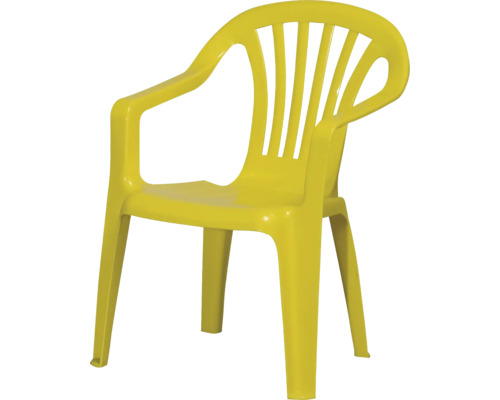 Gelber Gartenstuhl für Kinder aus Kunststoff mit Armlehnen.