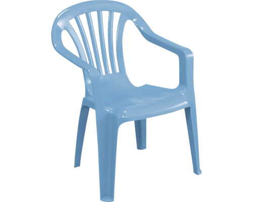 Blauer Kinder-Gartenstuhl aus Kunststoff mit Armlehnen und hoher Rückenlehne.
