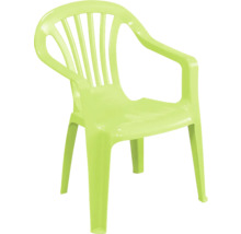 Stapelbarer Gartenstuhl aus Kunststoff in Limettengrün mit Armlehnen und Lamellen-Rückenlehne.