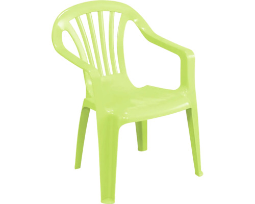 Stapelbarer Gartenstuhl aus Kunststoff in Limettengrün mit Armlehnen und Lamellen-Rückenlehne.