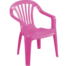 Kinderstuhl aus Kunststoff in Pink mit Armlehnen und Rückenstreben.