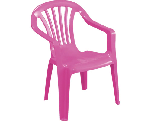 Kinderstuhl aus Kunststoff in Pink mit Armlehnen und Rückenstreben.