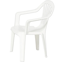 Weißer Gartenstuhl aus Kunststoff mit Armlehnen und Lamellen-Rückenlehne.