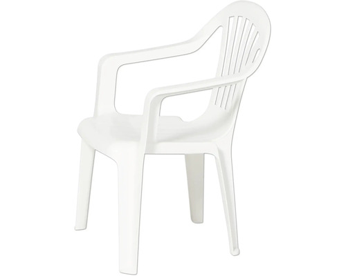 Weißer Gartenstuhl aus Kunststoff mit Armlehnen und Lamellen-Rückenlehne.