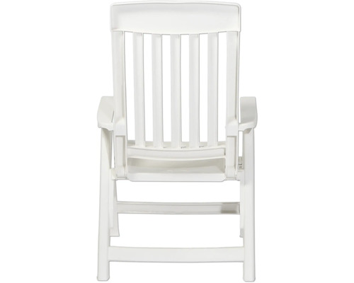 Klappbarer weißer Gartenstuhl aus Kunststoff mit hoher Rückenlehne und Armlehnen, Rückansicht.