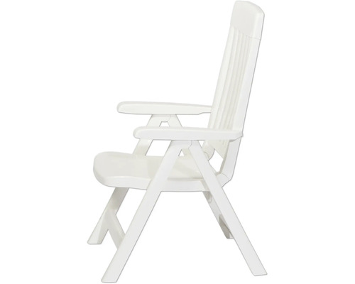 Weißer Garten-Klappsessel aus Kunststoff, Hochlehner mit Armlehnen in Seitenansicht.