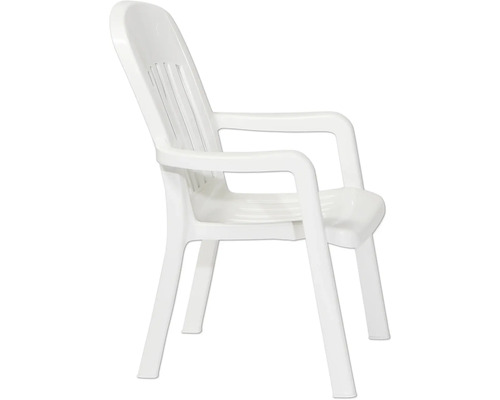 Stapelbarer Gartenstuhl aus Kunststoff mit Armlehnen und hoher Rückenlehne in Weiß.