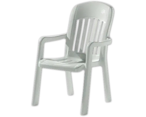 Weißer stapelbarer Gartenstuhl aus Kunststoff mit Armlehnen und hoher Rückenlehne.