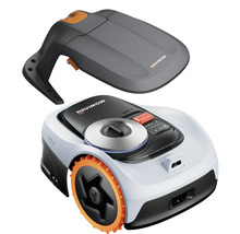 Segway Navimow Mähroboter in Weiß und Schwarz mit orangefarbenen Rädern und grauer Garagenabdeckung.