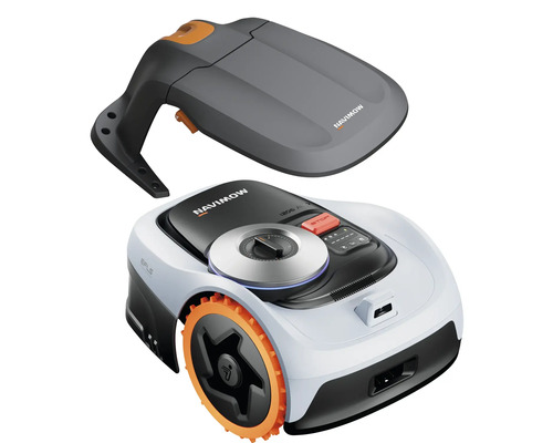 Segway Navimow Mähroboter in Weiß und Schwarz mit orangefarbenen Rädern und grauer Garagenabdeckung.