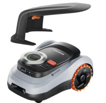 Segway Navimow Mähroboter in Weiß und Schwarz mit orangefarbenen Rädern und schwarzer Garage.