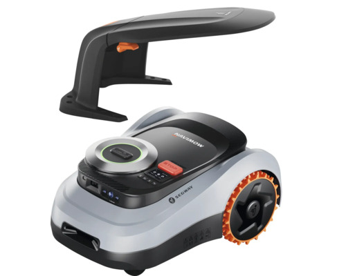Segway Navimow Mähroboter in Weiß und Schwarz mit orangefarbenen Rädern und schwarzer Garage.