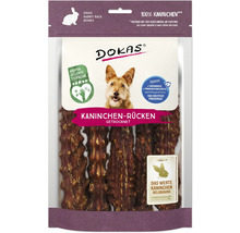 DOKAS Getrocknete Kaninchen-Rücken Hundesnack, 100 Prozent Kaninchen, Packung mit DOKAS Logo, Tierwohl-Siegel und SGS Institut Fresenius Zertifikat.