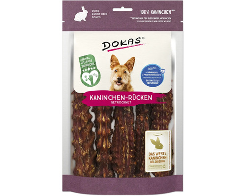 Hundesnack DOKAS Kaninchenrücken 120 g DOKAS Getrocknete Kaninchen-Rücken Hundesnack, 100 Prozent Kaninchen, Packung mit DOKAS Logo, Tierwohl-Siegel und SGS Institut Fresenius Zertifikat.