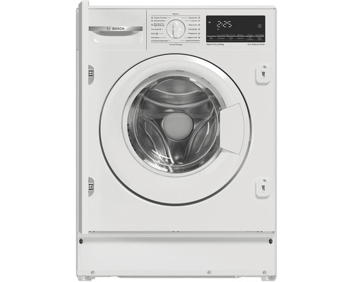 Bosch Waschtrockner für 8 Kilogramm Waschen und 5 Kilogramm Trocknen, Einbaugerät, Frontlader, digitales Display, Bosch Logo.