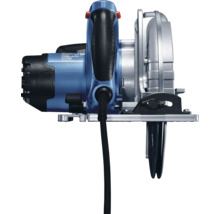 Handkreissäge mit blauem Gehäuse, silberner Grundplatte und schwarzem Kabel