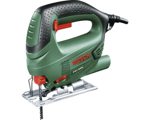 Elektrische Stichsäge Bosch PST 650 mit Metallfußplatte und Sägeblatt.