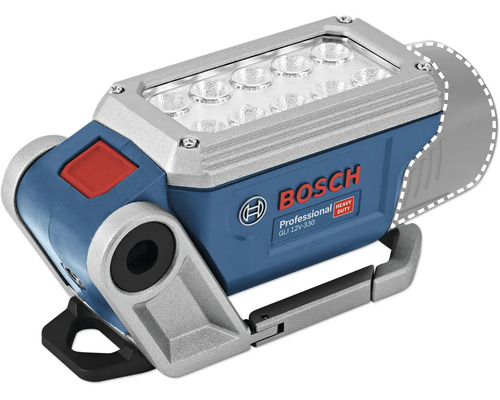 Bosch Akku-Baustrahler GLI 12 Volt 330 Professional mit 10 LED, verstellbarem Standfuß und Bosch Logo.