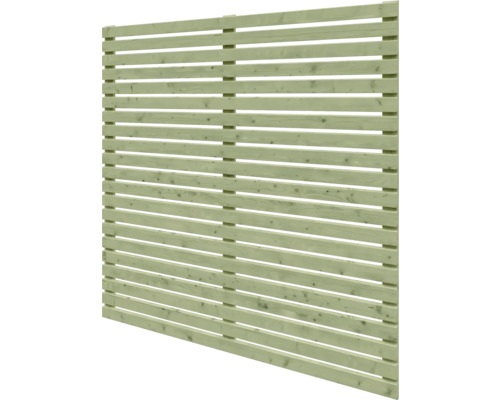 Zaunelement aus Holz mit horizontalen Lamellen für Sichtschutz im Garten.