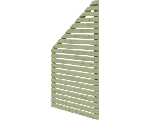 Schräges Sichtschutzelement aus Holz mit horizontalen Lamellen.