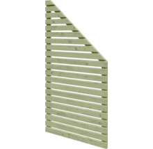 Schräges Sichtschutzelement aus Holz mit waagerechten Lamellen.